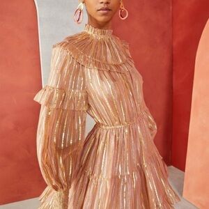 Ulla Johnson Averil Rose & Gold Ruffled Tiered Georgette Mini Dress Size 6